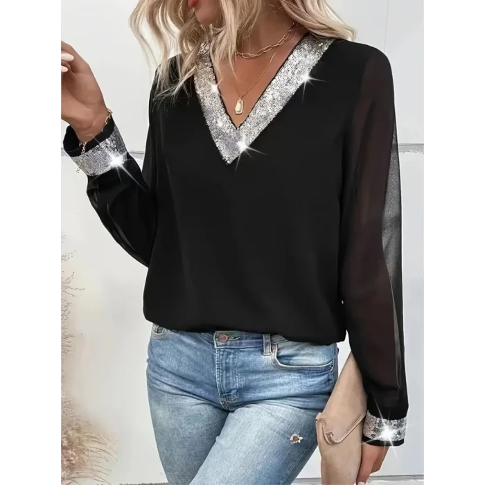 Kadın Uzun Kollu V Pulpayet Yakalı Ithal Krep Bluz
