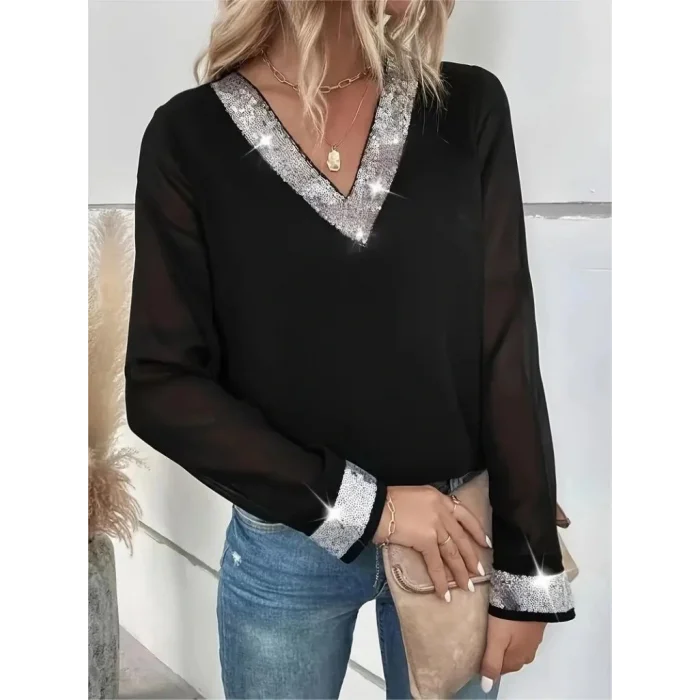 Kadın Uzun Kollu V Pulpayet Yakalı Ithal Krep Bluz