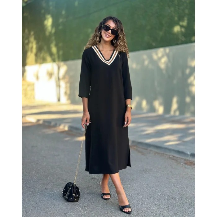 Kadın Uzun Kollu V şerit Yakalı Viskon Iki Iplik Elbise