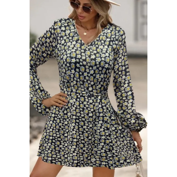 Kadın Uzun Kollu V Yaka çiçek Desenli Helen Kumaş Elbise