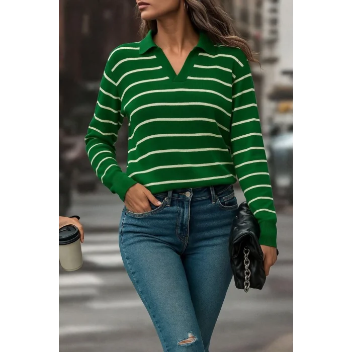 Kadın Uzun Kollu V Yaka çizgili Triko Bluz