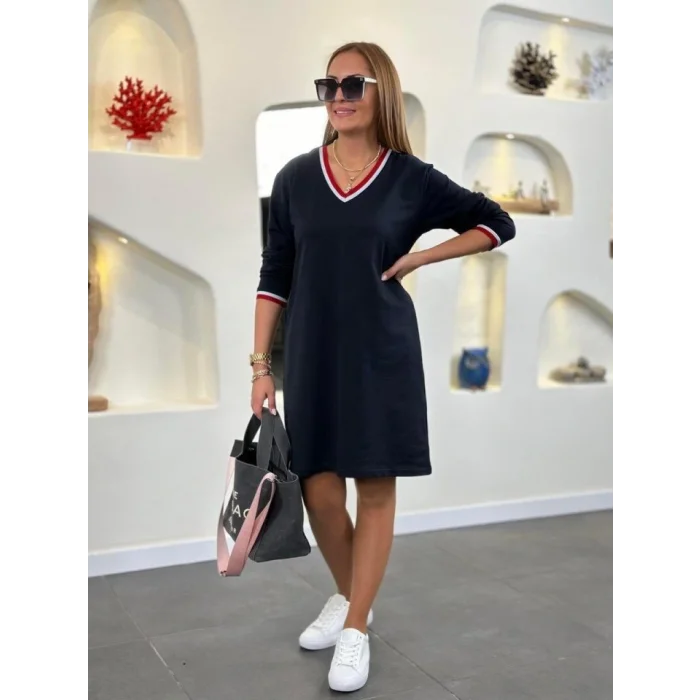 Kadın Uzun Kollu V Yaka Kol Ağzı Ve Yaka Ribana Detaylı Iki Iplik Mini Boy Elbise