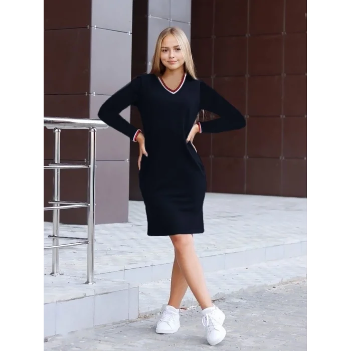 Kadın Uzun Kollu V Yaka Kol Ağzı Ve Yaka Ribana Detaylı Iki Iplik Mini Boy Elbise