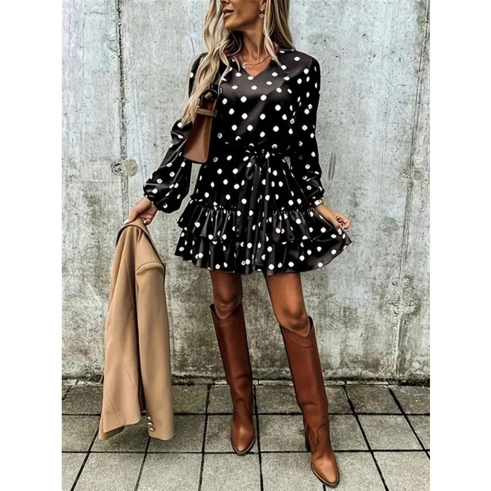 Kadın Uzun Kollu V Yakalı Belden Kuşaklı Puantiyeli Mini Modal Elbise