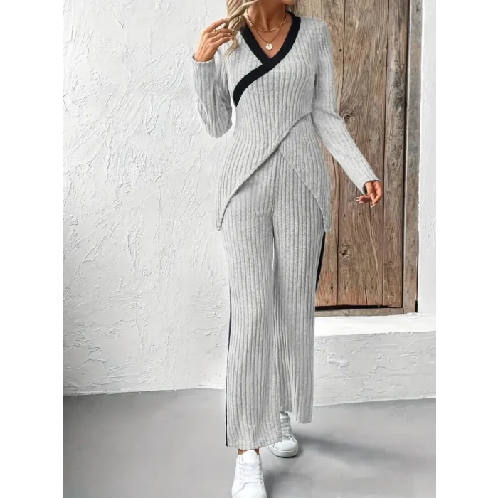 Kadın Uzun Kollu V Yakalı çapraz Detaylı şardonlu Kaşkorse Bluz Ve Pantolon Ikili Takım