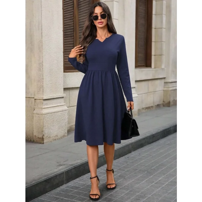 Kadın Uzun Kollu V Yakalı Cepli Midi Ithal Krep Elbise