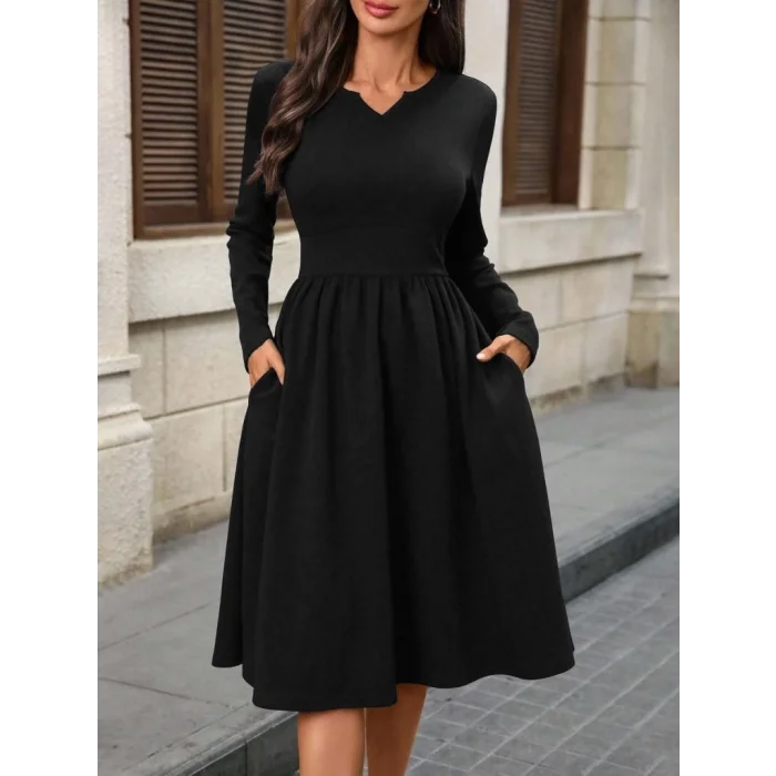 Kadın Uzun Kollu V Yakalı Cepli Midi Ithal Krep Elbise