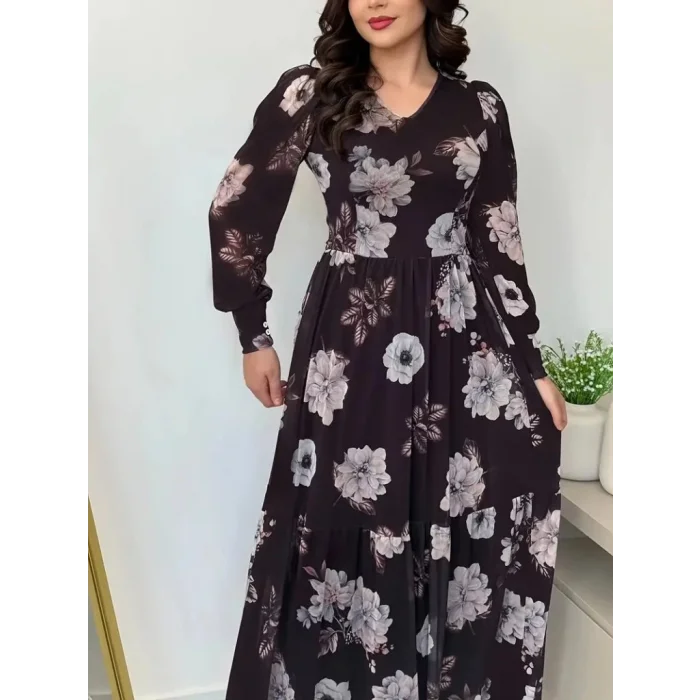Kadın Uzun Kollu V Yakalı çiçek Desenli Maxi Süprem Elbise