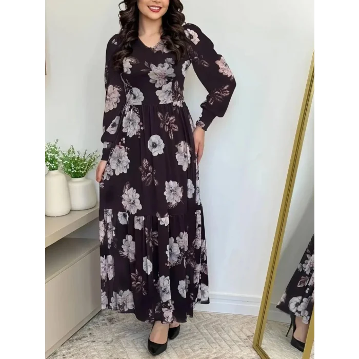 Kadın Uzun Kollu V Yakalı çiçek Desenli Maxi Süprem Elbise