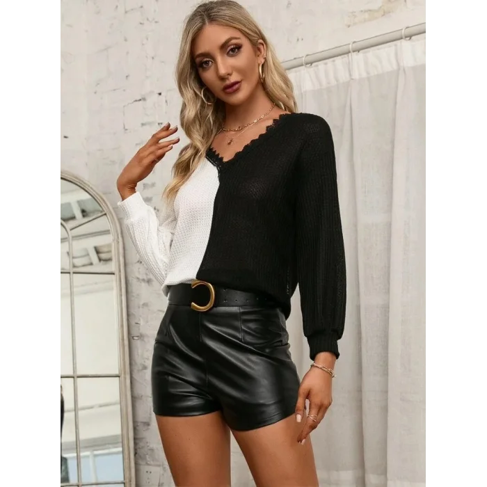 Kadın Uzun Kollu V Yakalı çift Renkli Triko Bluz