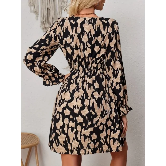 Kadın Uzun Kollu V Yakalı Dantel Detaylı Desenli Dalgıç Elbises