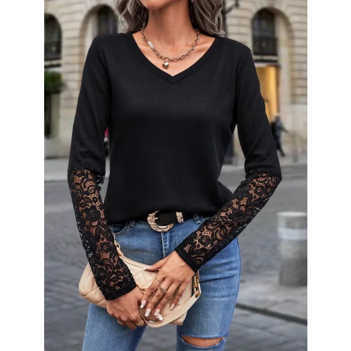 Kadın Uzun Kollu V Yakalı Dantelli Waffle Bluz