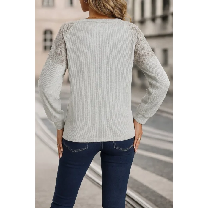 Kadın Uzun Kollu V Yakalı Dantelli Waffle Bluz