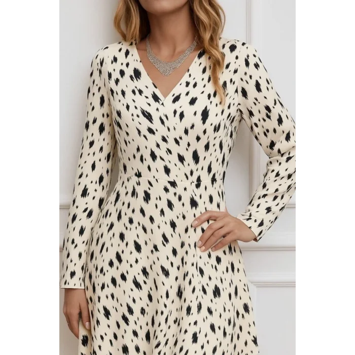 Kadın Uzun Kollu V Yakalı Desenli Kısa Keten Elbise
