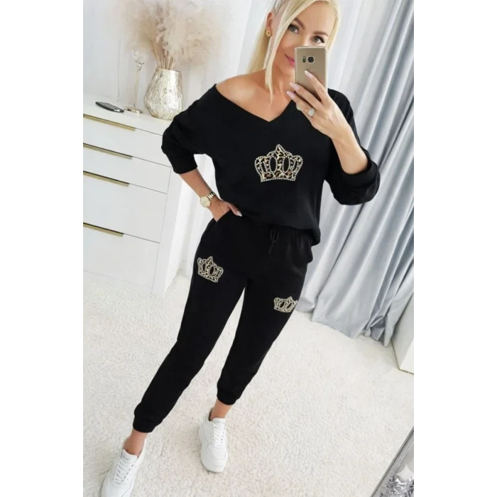 Kadın Uzun Kollu V Yakalı Desenli Viskon Iki Iplik Bluz Ve Pantolon Ikili Takım