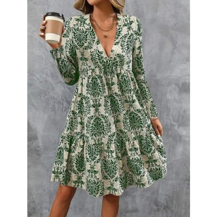 Kadın Uzun Kollu V Yakalı Fırfırlı Mini Süprem Elbise