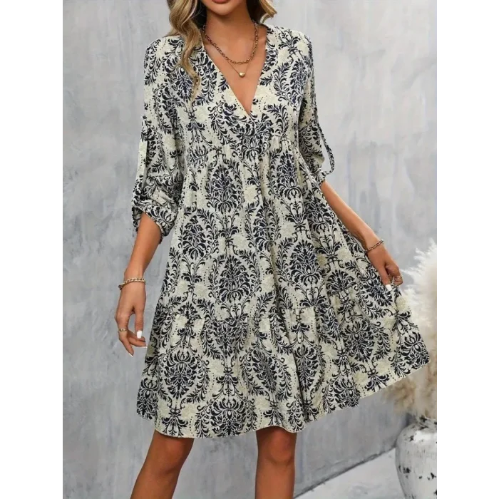 Kadın Uzun Kollu V Yakalı Fırfırlı Mini Süprem Elbise