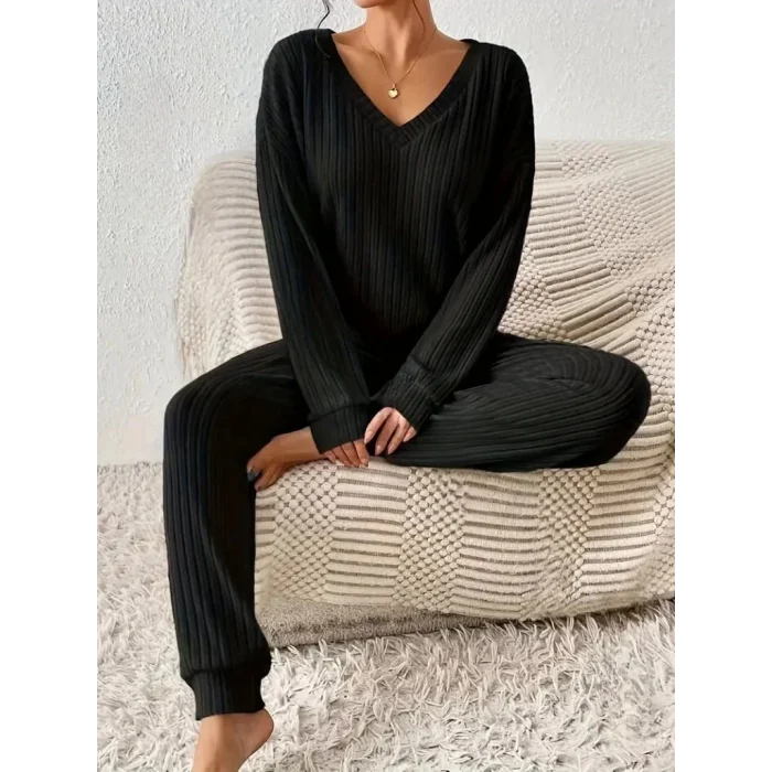 Kadın Uzun Kollu V Yakalı Kaşkorse Bluz Ve Pantolon Ikili Takım