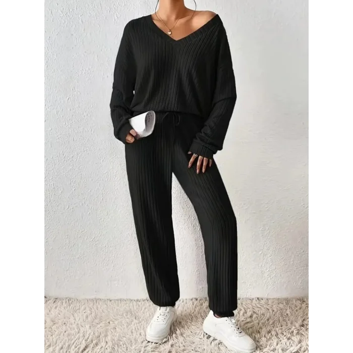 Kadın Uzun Kollu V Yakalı Kaşkorse Bluz Ve Pantolon Ikili Takım