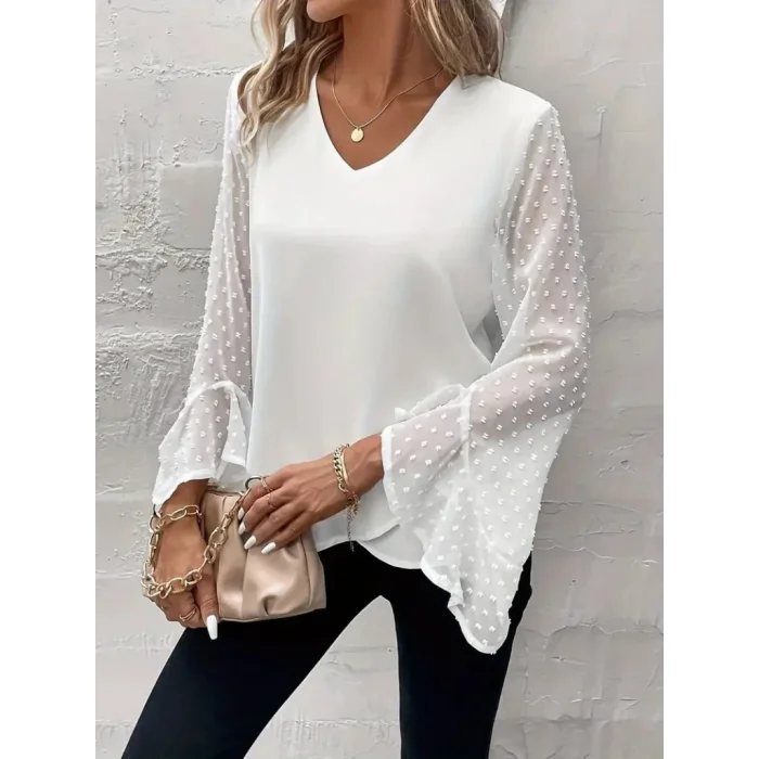 Kadın Uzun Kollu V Yakalı Kolları Ispanyol Detayı Sandy Bluz