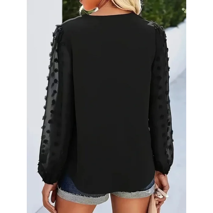 Kadın Uzun Kollu V Yakalı Kolları Popon Detaylı Sandy Bluz