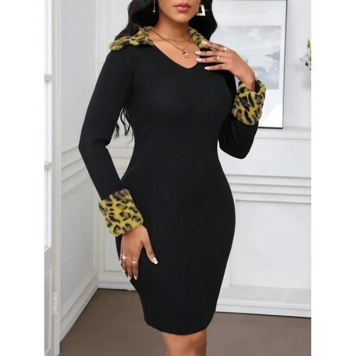 Kadın Uzun Kollu V Yakalı Kürk Detaylı Kaşkorse Elbise