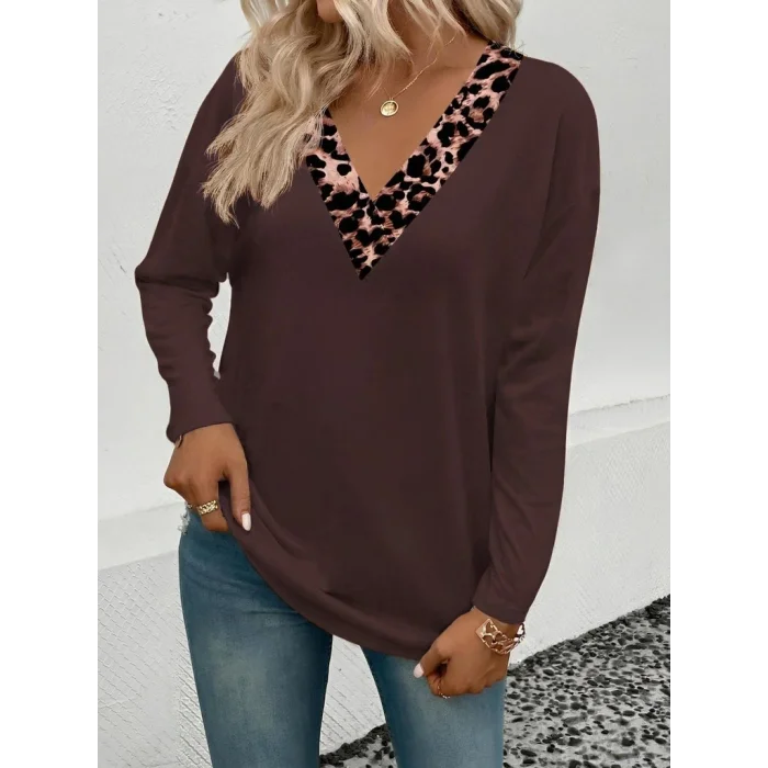 Kadın Uzun Kollu V Yakalı Leopar Detaylı Viskon Iki Iplik Bluz