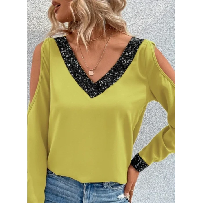 Kadın Uzun Kollu V Yakalı Omuzlardan Açık Sandy Bluz