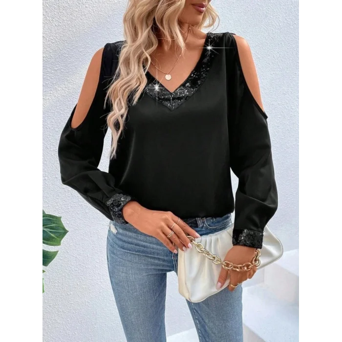 Kadın Uzun Kollu V Yakalı Omuzlardan Açık Sandy Bluz