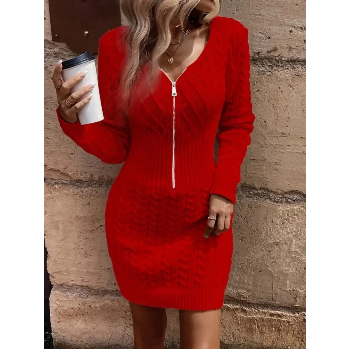 Kadın Uzun Kollu V Yakalı önden Fermuarlı Kısa Triko Elbise