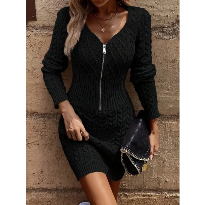 Kadın Uzun Kollu V Yakalı önden Fermuarlı Kısa Triko Elbise