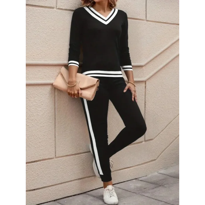 Kadın Uzun Kollu V Yakalı Ribanalı Viskon Iki Iplik Bluz Ve Pantolon Ikili Takım