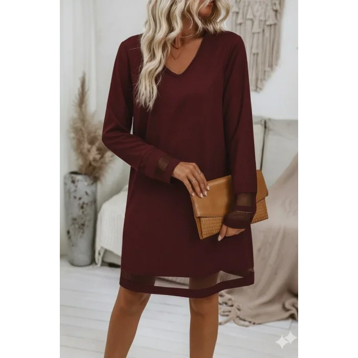Kadın Uzun Kollu V Yakalı Tül şerit Detaylı Mini Krep Elbise