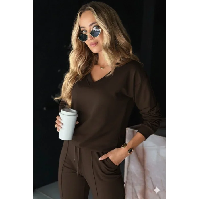 Kadın Uzun Kollu V Yakalı Viskon Iki Iplik Bluz Ve Pantolon Ikili Takım