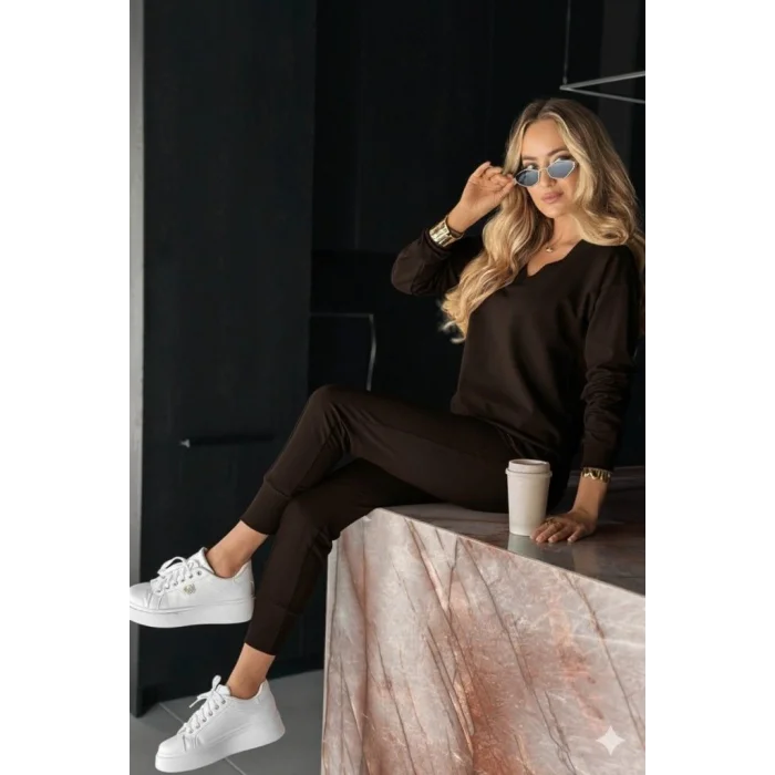 Kadın Uzun Kollu V Yakalı Viskon Iki Iplik Bluz Ve Pantolon Ikili Takım