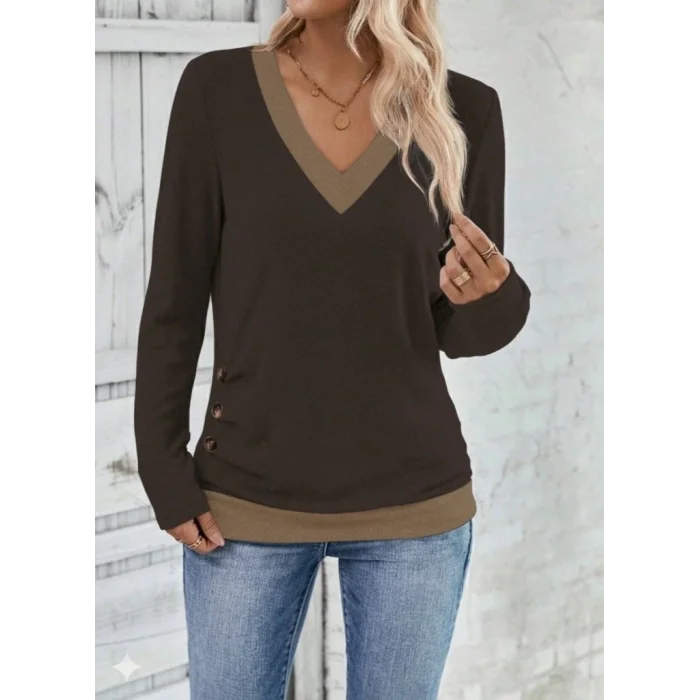 Kadın Uzun Kollu V Yakalı Yandan Düğmeli Yün Viskon Bluz