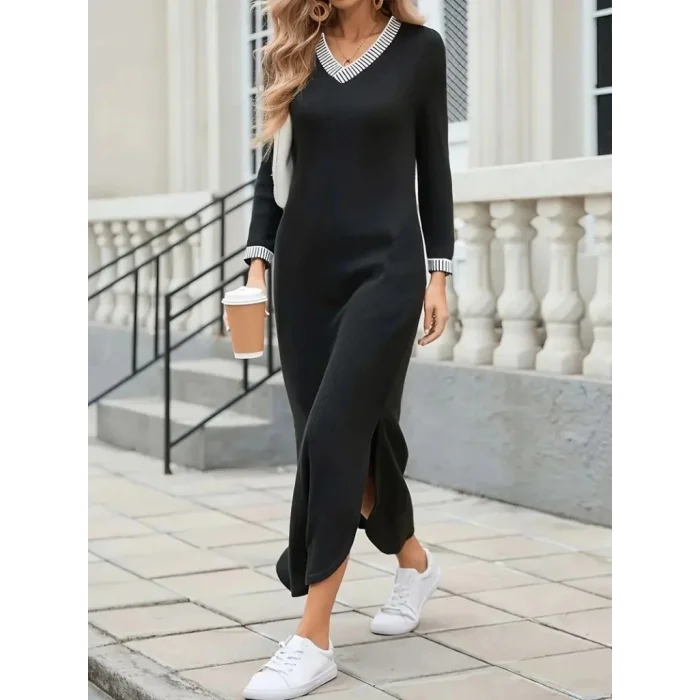 Kadın Uzun Kollu V Yakalı Yanlardan Yırtmaçlı Uzun Viskon Iki Iplik Elbise