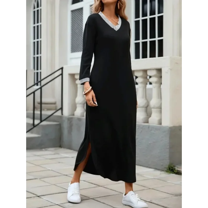 Kadın Uzun Kollu V Yakalı Yanlardan Yırtmaçlı Uzun Viskon Iki Iplik Elbise