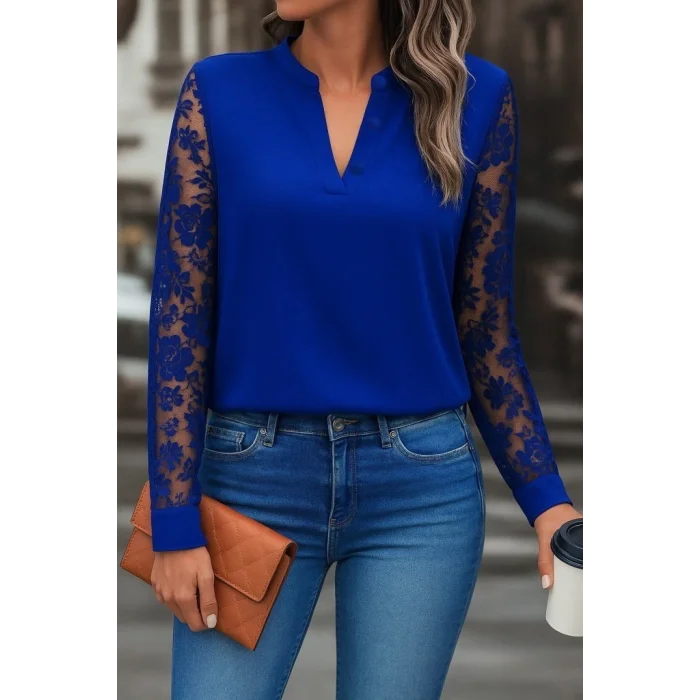 Kadın Uzun Kollu Yaka Düğme Detay Güpürlü Kol Krep Bluz