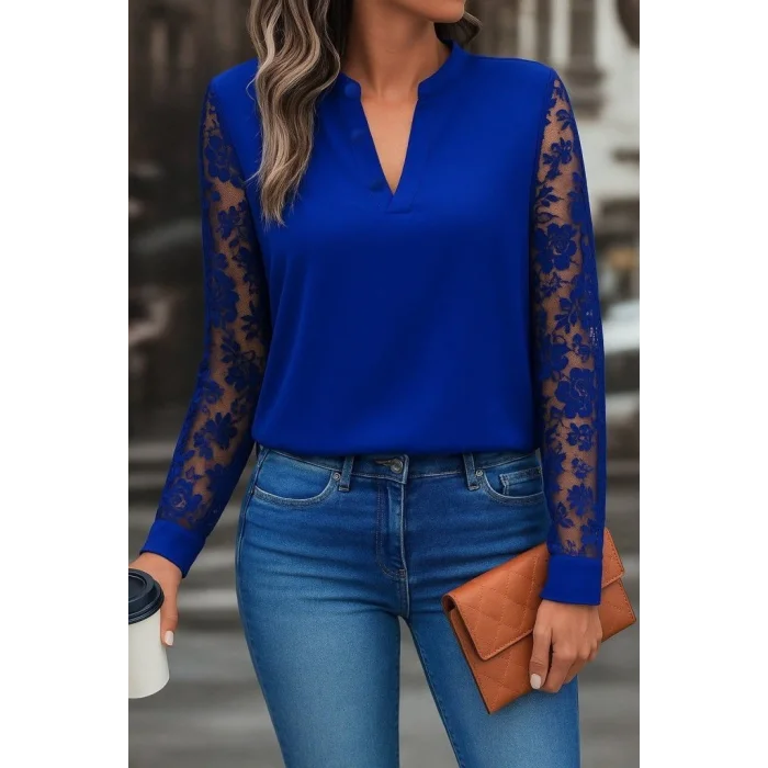 Kadın Uzun Kollu Yaka Düğme Detay Güpürlü Kol Krep Bluz