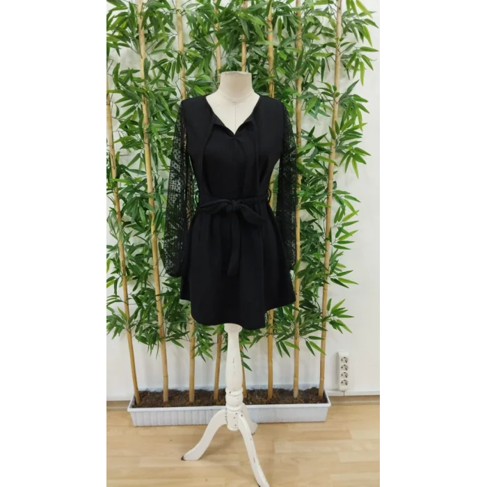 Kadın Uzun Kollu Yakadan Bağcıklı Belden Kuşaklı Ithal Krep Elbise