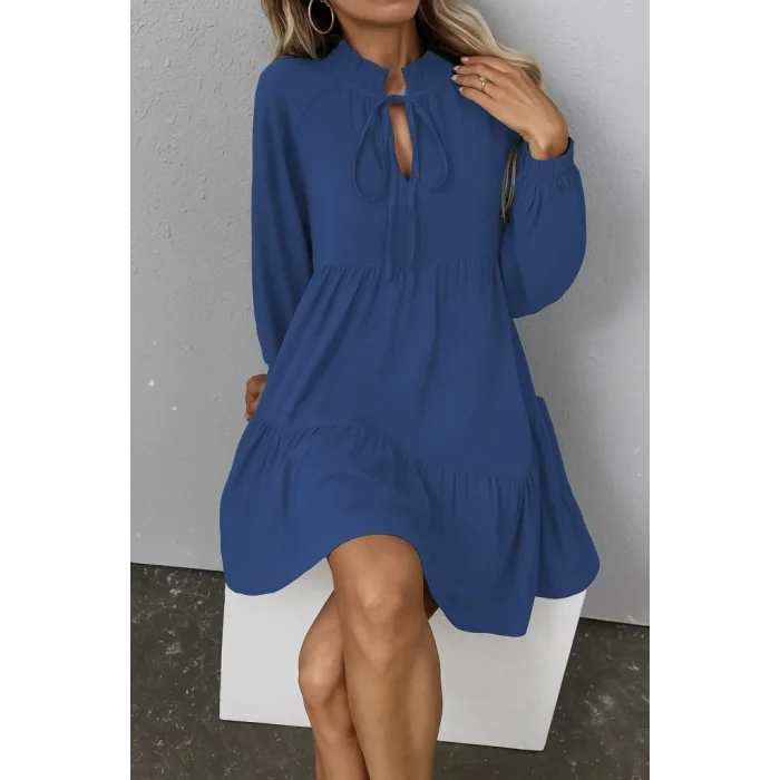 Kadın Uzun Kollu Yakadan Bağcıklı Fırfırlı Keten Mini Elbise