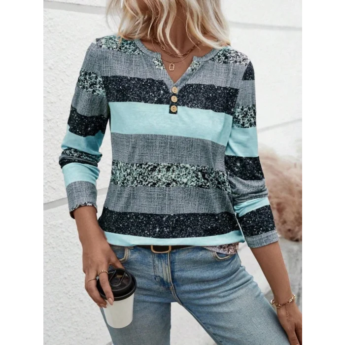 Kadın Uzun Kollu Yakadan Düğmeli çizgili Desenli Süprem Bluz