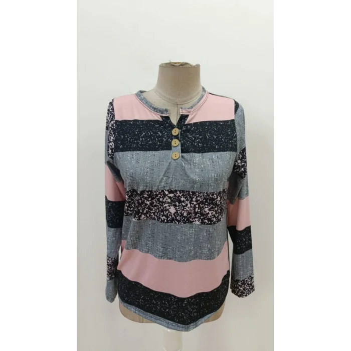 Kadın Uzun Kollu Yakadan Düğmeli çizgili Desenli Süprem Bluz