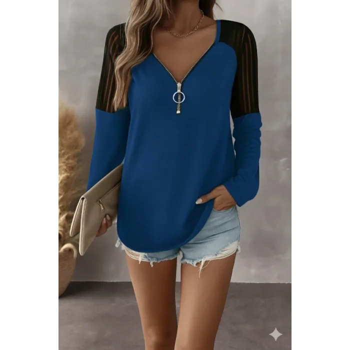 Kadın Uzun Kollu Yakadan Fermuarlı Viskon Bluz