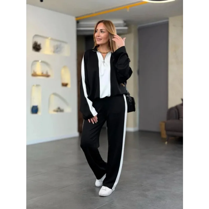 Kadın Uzun Kollu Yakadan Fermuarlı Viskon Iki Iplik Bluz Ve Pantolon Ikili Takım