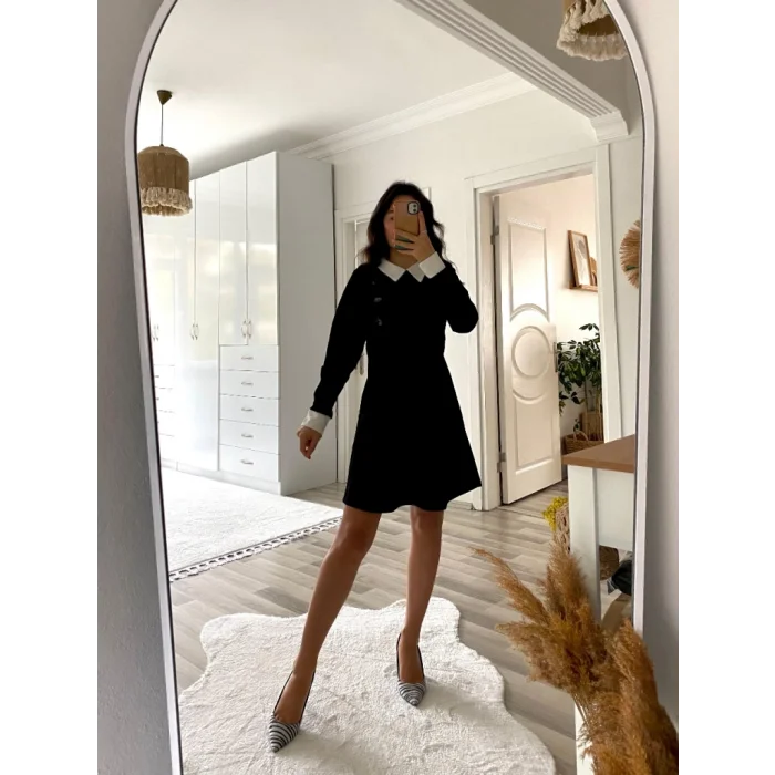 Kadın Uzun Kollu Yakalı A Kesim Kısa Ithal Krep Elbise