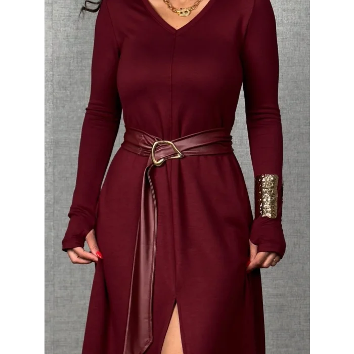 Kadın Uzun Kollu Yakalı Belden Deri Detaylı Kuşaklı Yırtmaçlı Midi Viskon Iki Iplik Elbise