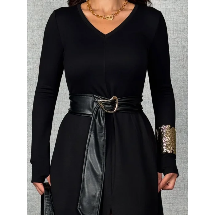 Kadın Uzun Kollu Yakalı Belden Deri Detaylı Kuşaklı Yırtmaçlı Midi Viskon Iki Iplik Elbise