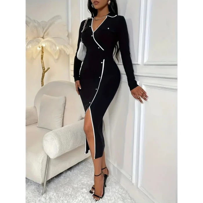 Kadın Uzun Kollu Yakalı Cepli Düğmeli Yırtmaç Detaylı Modal Uzun Elbise